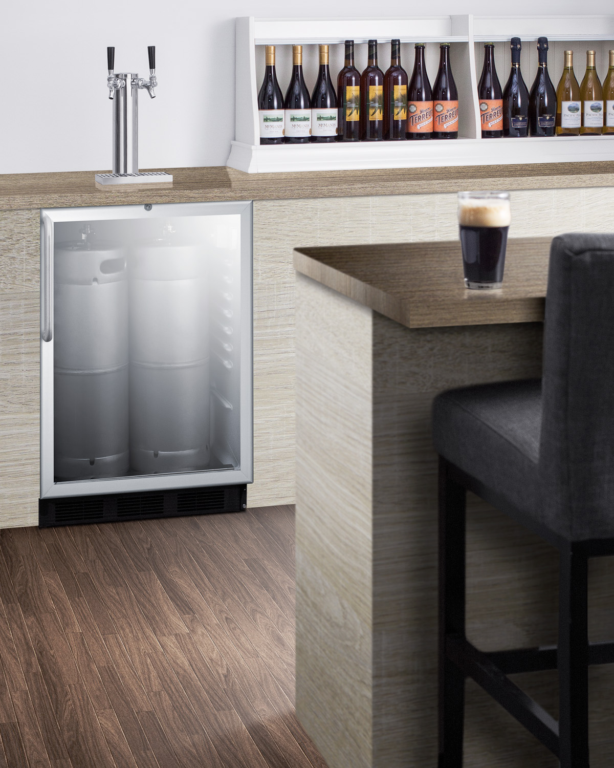 Built-in undercounter ADA height commercially listed dual tap beer dispenser with glass door, lock, and stainless steel wrapped cabinet